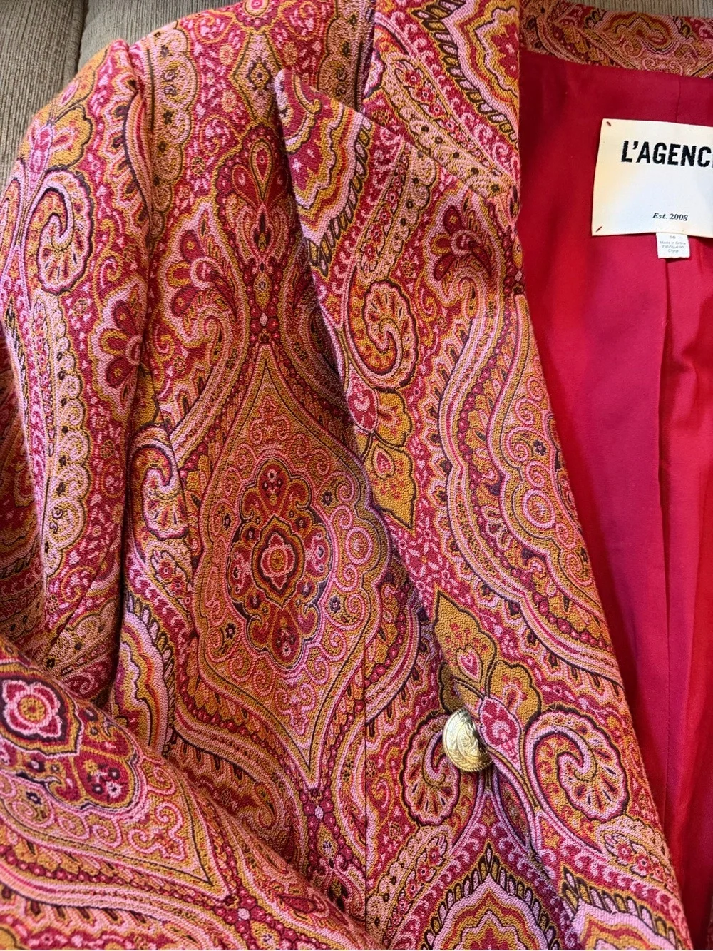 L'AGENCE Coral Paisley Double-Breasted Cropped Blazer